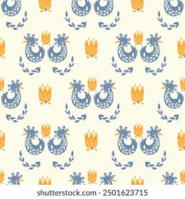  Folk ornamental bird and flowers seamless pattern. Suitable for printing on fabric and paper. Vector background