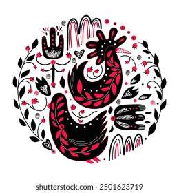  Folk ornamental bird and heart. Best for greeting card. Template vector illustration.