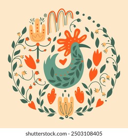  Folk ornamental bird and heart. Best for greeting card. Template vector illustration.