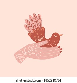 Folk Ornate boho hand palm with  doodle linear floral leafy tattoo keep  peace bird vector clip-art isolated on white for Valentine’s Day love design