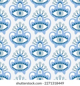 Folk ornate pattern for print design. Traditional Asian eye and paw ornament. Vector ethnic background in boho style for textile, fabrics and any surface design.