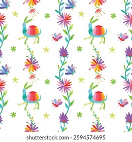 Folk Otomi style graphic, wallpaper. Festive Mexican floral motif