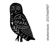 Folk owl bird illustration, ornate abstract isolated animal folktale concept. Scandinavian rustic slavic linocut style decorative element. Vector running beast silhouette design clipart.