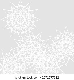 Folk Pastel Ice Chaotic Sharp Soft Satanic White Pattern. Winter Mystery Mandala Cold Light Print Stars Grey Illustration. Calm Lace Silver Monochrome Frost Luxury Complicated Ornamental Wallpaper.