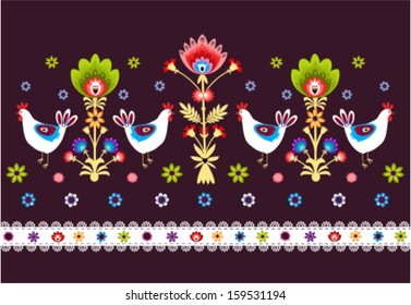 Folk pattern with birds on a dark background.