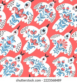 Folk pattern birds for print design. Traditional Scandinavian and Slavic ornament. Vector ethnic background in boho style for textile, fabrics and any surface design.