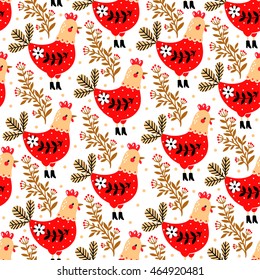 Folk Pattern with chicken in Boots. Vector seamless pattern of poultry on a floral background.