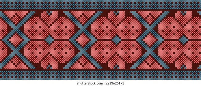 Folk pattern cross stitch in calm pink tones