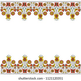 Folk pattern design of flowers in the pot and two birds sitting on the branches. Frame to design card, invitation, letter.