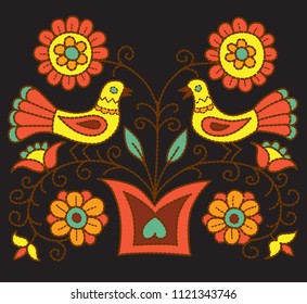Folk pattern design of flowers in the pot and two birds sitting on the branches.
