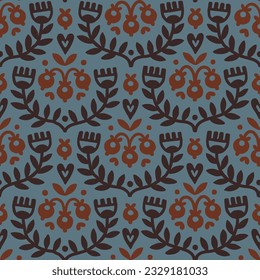 Patrón folk con flores, bayas y corazones para el diseño impreso. Ornamento escandinavo tradicional. Antecedentes étnicos vectoriales en estilo boho para textiles, tejidos y cualquier diseño de superficie.