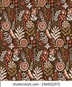 Folk pattern, seamless textile design with bright colorful flowers. Folk art vector ornament.