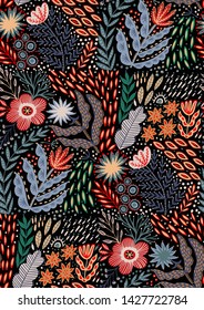 Folk pattern, seamless textile design with bright colorful flowers. Folk art vector ornament