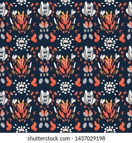 Folk pattern, seamless textile design with bright colorful geometric elements. Ethnic art vector ornament. Flower abstract embroidery in red, orange, white on a dark background. Vector illustration.