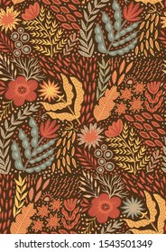 Folk pattern, seamless textile design with hand drawn doodle colorful flowers and leaf. Traditional native art vector ornament.