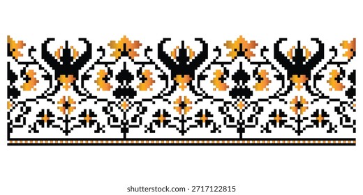 Ornamento de repetição botânica de pixel folclórico, recriado a partir do padrão de bordado tradicional da região de Poltava, Ucrânia