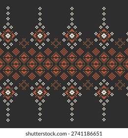 Folk pixel diamond pattern with a strong center band composition. Traditional embroidery inspired design for fabric panels, statement textiles, and decorative surfaces.
