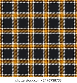 Folk plaid pattern background, online tartan textile fabric. Livingroom check vector texture seamless in black and orange colors palette.