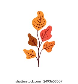 Folk plant. Red orange and terracotta leaves on a branch. Autumn botany yellow berries Minimalistic style. Flat isolated vector illustration. No AI. hand drawn