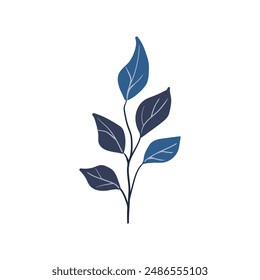 Folk plant. Simple blue leaves on a branch. Cartoon autumn botany. Minimalist style. Flat isolated vector illustration