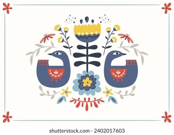 Folk ready to use vector print in Scandinavian or Nordic style, symmetrical reflected birds and flowers hygge design on white. Composition with classic ethnic elements and frame.