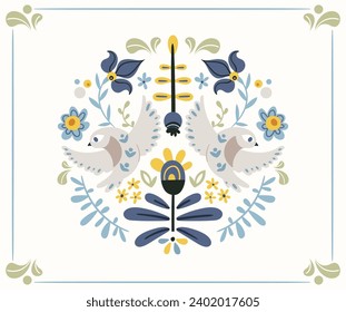 Folk ready to use vector print in Scandinavian or Nordic style, symmetrical reflected birds and flowers hygge design on white. Composition with classic ethnic elements and frame.