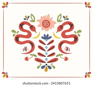 Folk ready to use vector print in Scandinavian style, hygge isolated design on white. Composition with mirrored symmetrical snakes and flowers. Scandi style folk floral motif