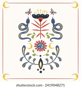 Folk ready to use vector print in Scandinavian style, hygge isolated design on white. Composition with mirrored symmetrical snakes and flowers. Scandi style folk floral motif