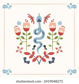 Folk ready to use vector print in Scandinavian style, hygge isolated design on white. Composition with mirrored symmetrical snakes and flowers. Scandi style folk floral motif