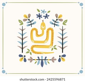 Folk listo para usar impresión vectorial en estilo escandinavo, diseño aislado hygge en blanco. Composición con flores y serpientes simétricas espejadas. Motivo floral folk estilo escandi