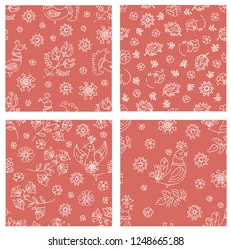 FOLK RED SET Holiday Seamless Pattern Set Ethnic Decorative Folk Ornament Color Vector Illustration for Print