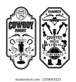 Folk rock party. Summer country music festival flyer template. Cowboys, banjo, old style microphone. Vector illustration. svg