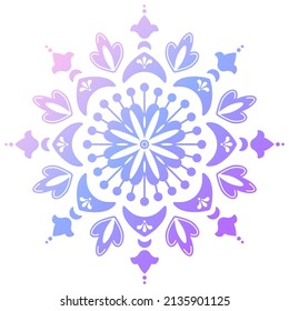 Mandala de gradiente redondeado folk sobre fondo blanco. Ilustración ornamental del vector boho. Resumen de copos de nieve Crystal