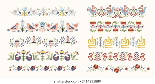 Folk scandi seamless borders set - birds, leaves, flowers, branches in scandinavian hygge style, floral repeating motifs on background for wrapping, textile, digital or scrapbook paper, invitation