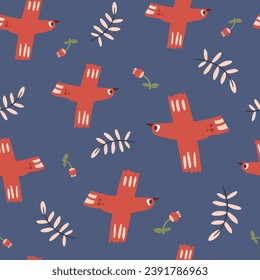 Folk scandi seamless pattern - birds, leaves, flowers, branches in scandinavian nordic style, ethnic floral repeating motives on background for wrapping, textile, scrapbook paper