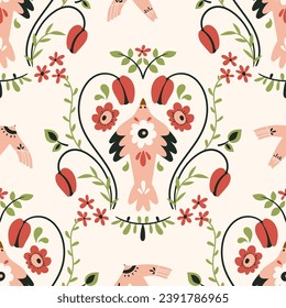 Folk scandi seamless pattern - birds, leaves, flowers, branches in scandinavian nordic style, ethnic floral repeating motives on background for wrapping, textile, scrapbook paper