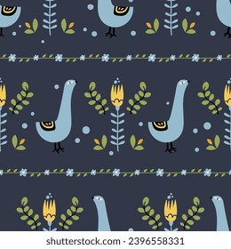 Folk scandi seamless pattern - birds, leaves, flowers, branches in scandinavian nordic style, ethnic floral repeating motives on dark background for wrapping, textile, digital or scrapbook paper