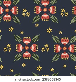 Folk scandi seamless pattern - leaves, flowers, branches in scandinavian nordic style, ethnic floral repeating motives on dark background for wrapping, textile, digital or scrapbook paper