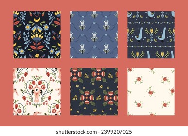 Folk scandi seamless pattern set - birds, leaves, flowers, branches in scandinavian nordic style, ethnic floral repeating motives on background for wrapping, textile, digital or scrapbook paper