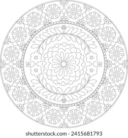 Folk Scandinavian floral ornament in round frame illustration, Black outline mandala, embroidery template, coloring page.