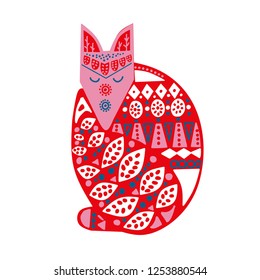 Folk. Scandinavian style. Wood fox with handmade ornament.