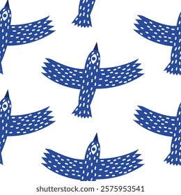 Folk seamless pattern with abstract blue birds. Doodle crow print.