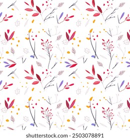 Folk seamless pattern. with autumn plants for business cards, flyers and textiles. Graceful branches on a white background. .Vector