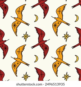 Folk seamless pattern with bird, cartoon animals funny groovy bohemian whimsical flat art. Doodle summer birds elements, flying characters. Boho space wrapping paper. Vector clipart details collection