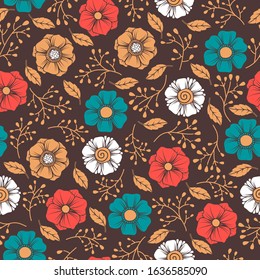 Folk seamless pattern with bright colorful flowers. Endless texture.