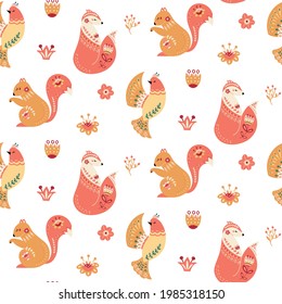 Patrón ininterrumpido de la gente. Huella de animales de la selva cutáneo escandinava. zorro folclórico, pájaro, ardilla. Papel tapizado para bebés de estilo nórdico. Fondo vectorial para telas, textiles y papel de envoltura.