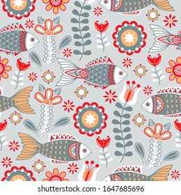 Folk seamless pattern with fish, flowers and herbs. Endless texture.