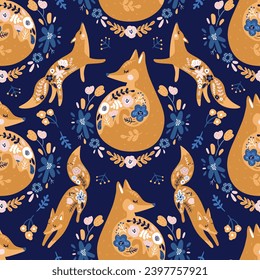 Folk seamless pattern with hand drawn red fox and flowers. Vector texture with woodland animals for textiles,fabric and wallpaper.