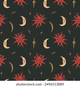 Folk seamless pattern with moon and sun, cartoon fairytale funny groovy whimsical flat art. Doodle summer stellar celestial cute astronomy elements, astrology and botanical characters. Boho space