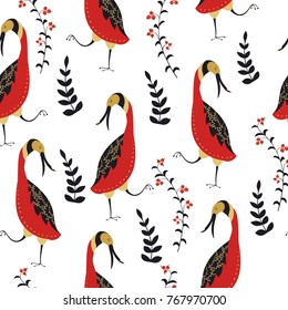 Folk seamless pattern. Scandinavian folk art pattern. Floral design with birds